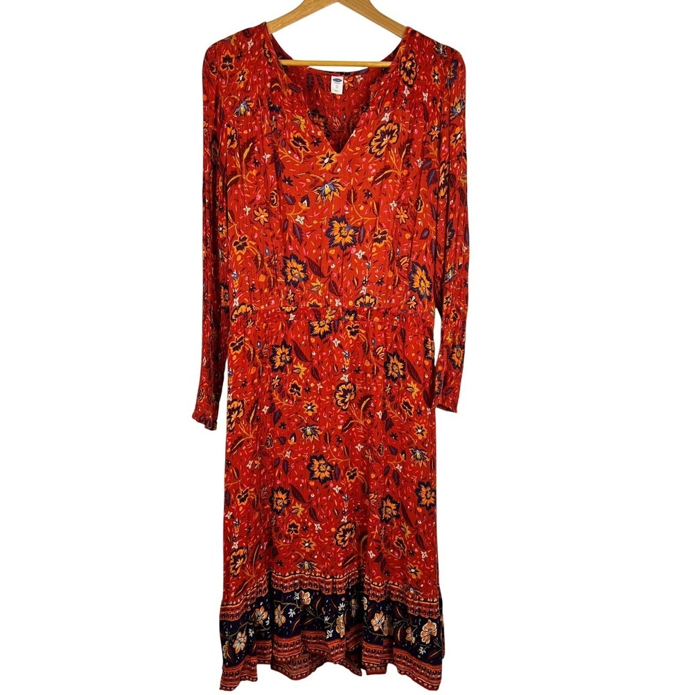 Autumn Midi Dress Womens XL Orange Boho Peasant Long Sleeve Old Navy Paisley